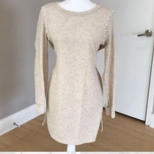 Beige sweater dress with pearl accents